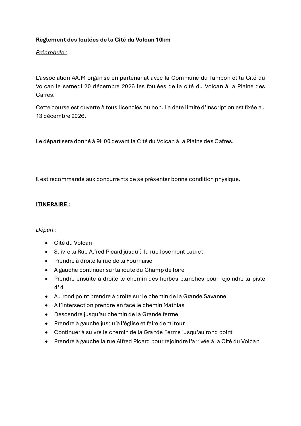 Règlement des foulées de la Cité du Volcan 10km